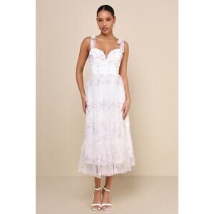 NWT Lulus Distinctly Sweet White Floral Embroidered Tie-Strap Midi Dress Size S